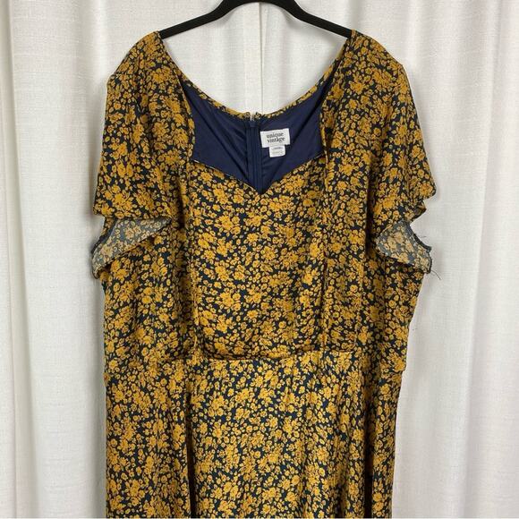Unique Vintage Navy Blue&Yellow Floral Tie Front 1940’s Swing Midi Dress Sz.5x - Picture 2 of 12